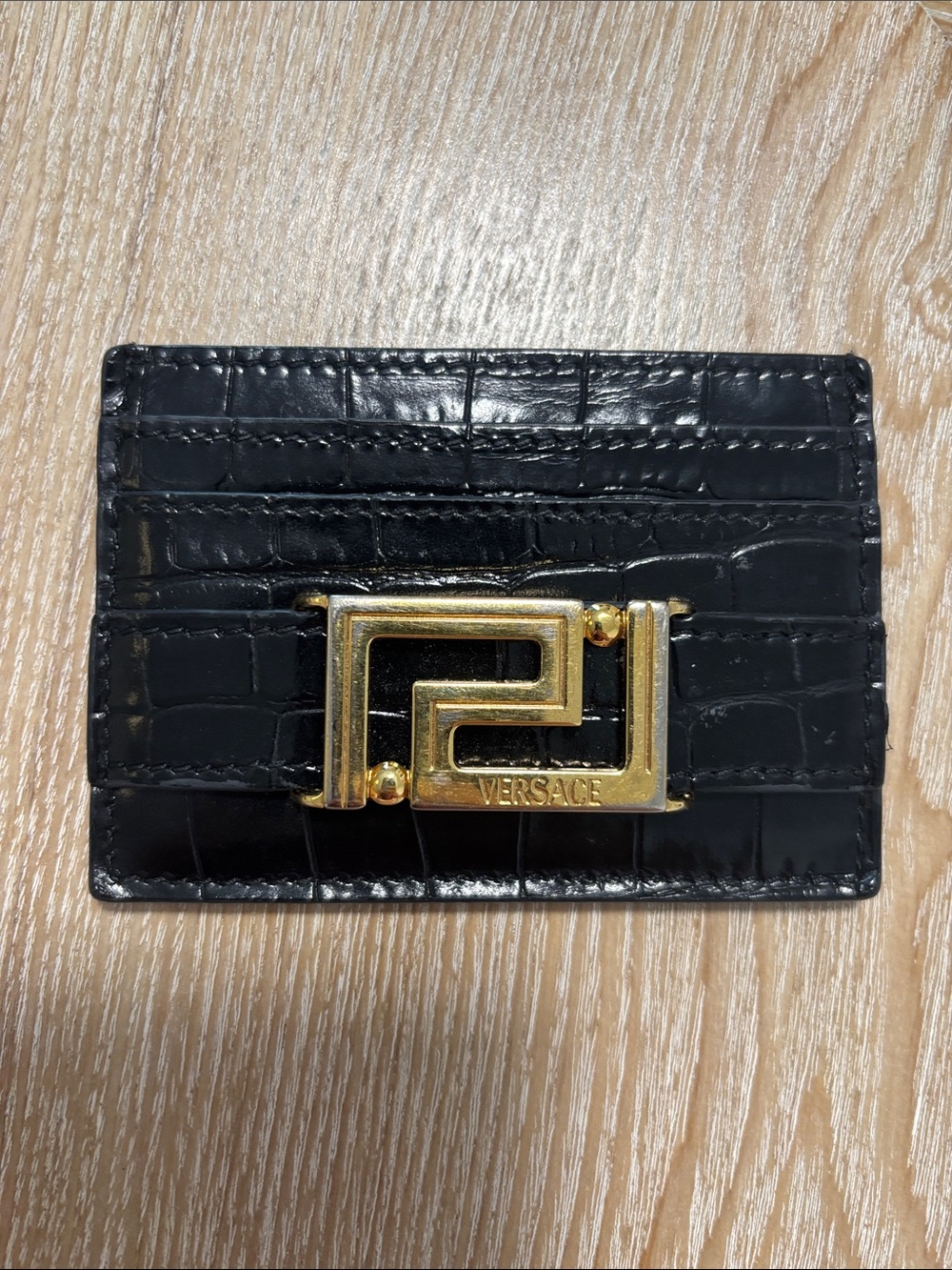 Versace Black Croc-Embossed Card Holder with Gold Medusa Buckle
